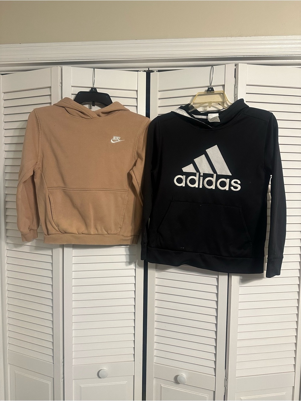 2 size M Boys Hoodies Black adidas, Tan Nike with white swoosh